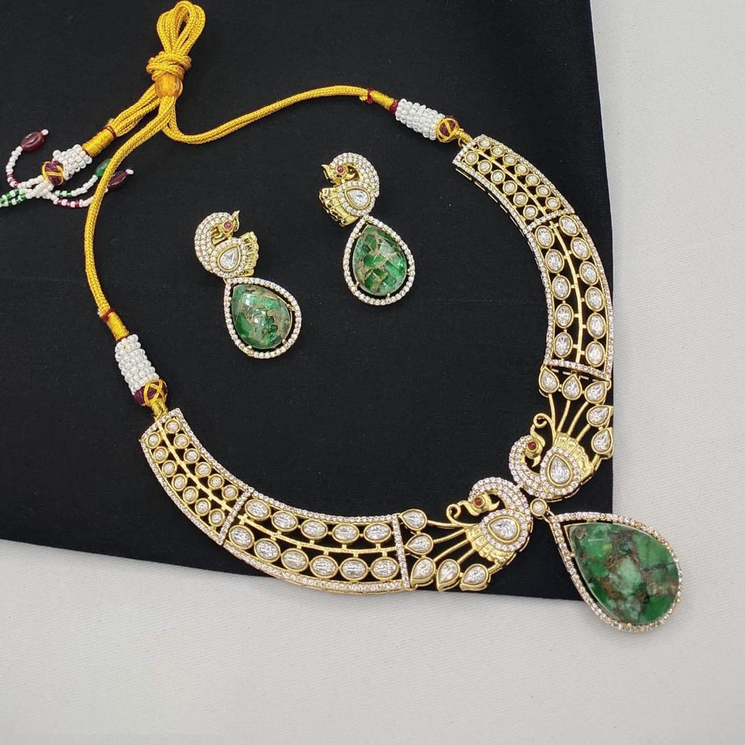 Antique Peacock Moissanite Polki Necklace Set with Earrings