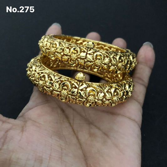 Antique Floral Gold-Plated Bangles - Pair