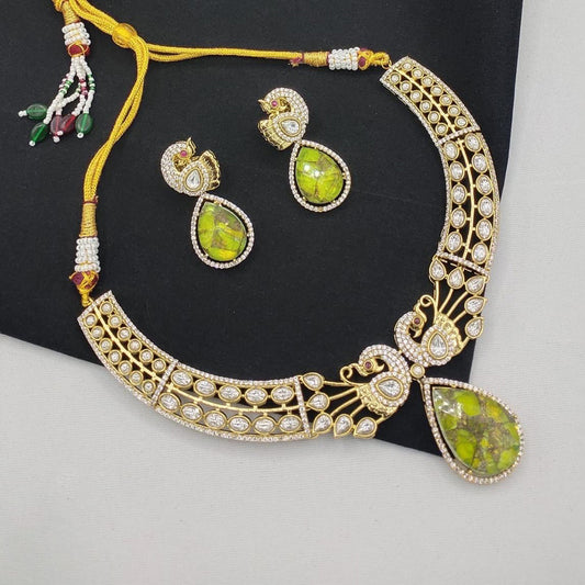 Antique Peacock Moissanite Polki Necklace Set with Earrings