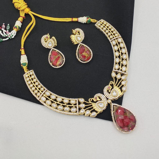 Antique Peacock Moissanite Polki Necklace Set with Earrings