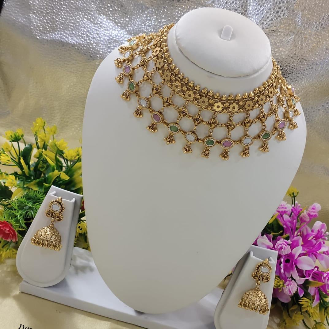 Temple-Inspired Filigree Choker and Jhumka Set
