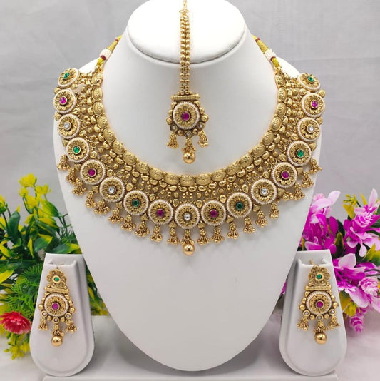 Premium Chandan Polki Antique Necklace Set with Earrings & Maang Tikka