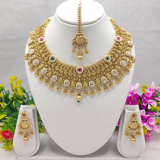 Premium Chandan Polki Antique Necklace Set with Earrings & Maang Tikka