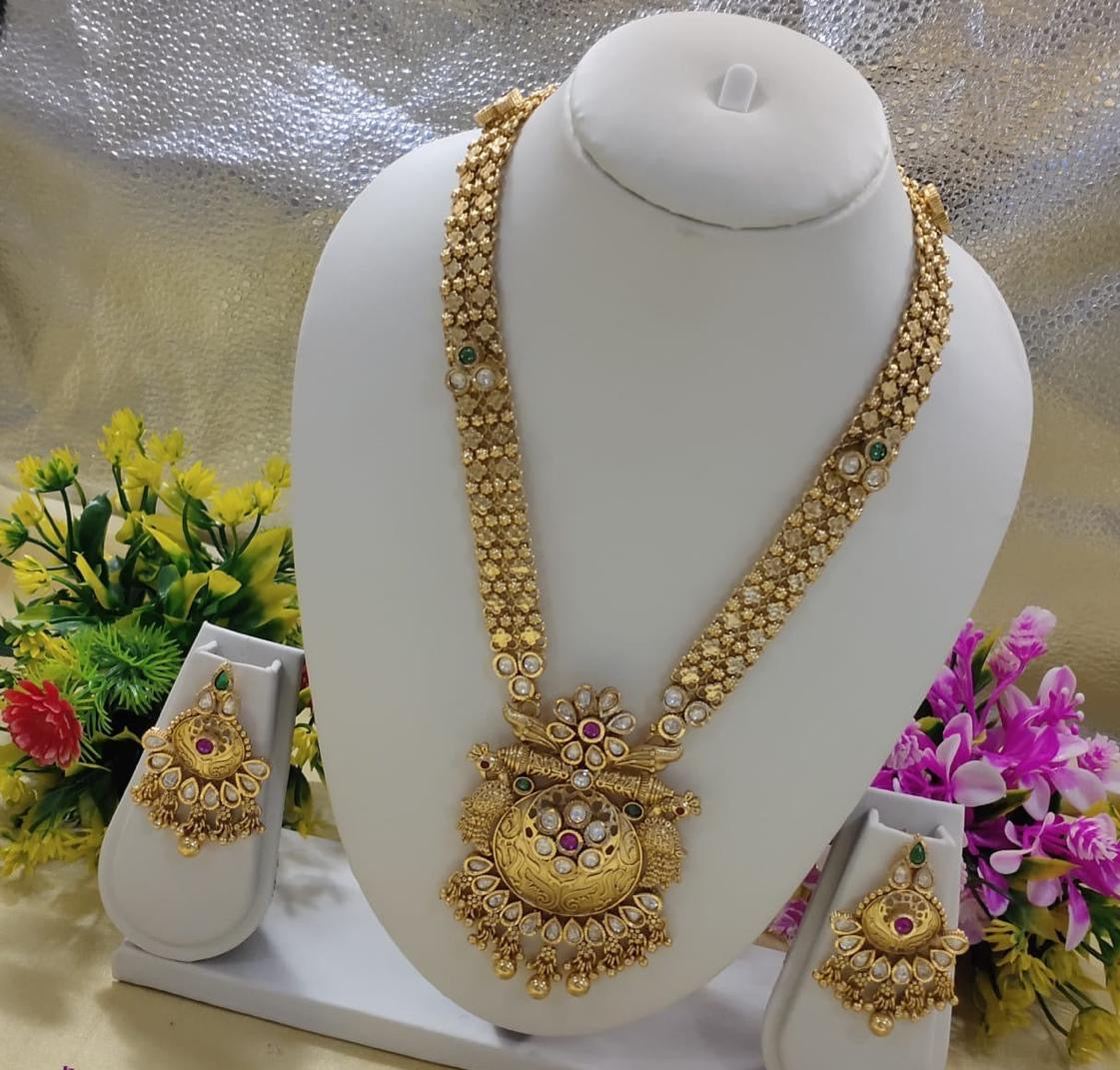 High-Quality Chandan Polki Long Necklace Set