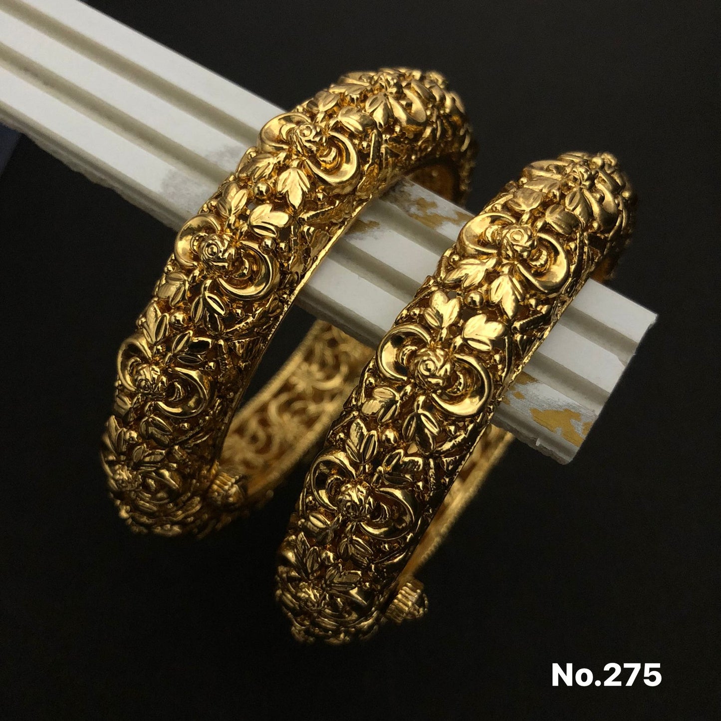 Antique Floral Gold-Plated Bangles - Pair