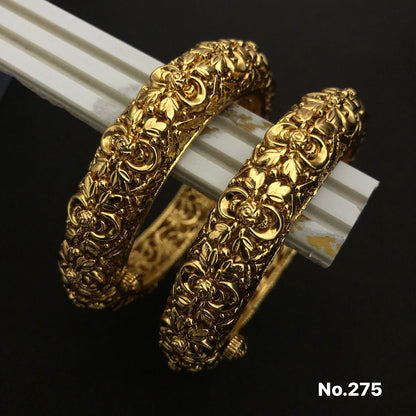 Antique Floral Gold-Plated Bangles - Pair