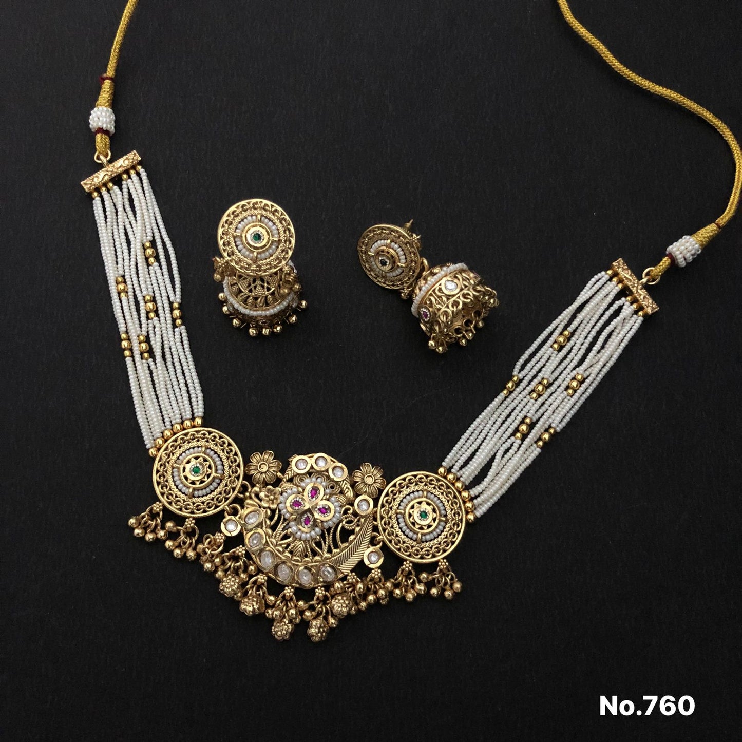 Antique Gold-Plated Necklace Set with Pearl Strands & Jhumka Earrings