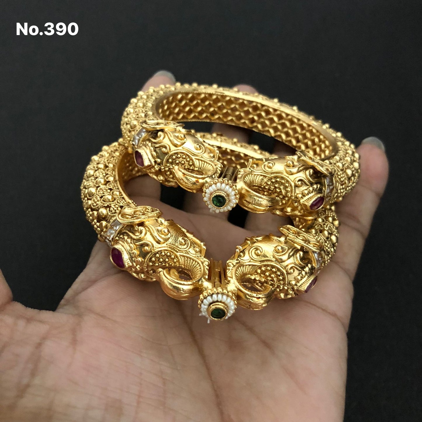 Majestic Temple Style Gold-Plated Bangles with Elephant Motif & Stones