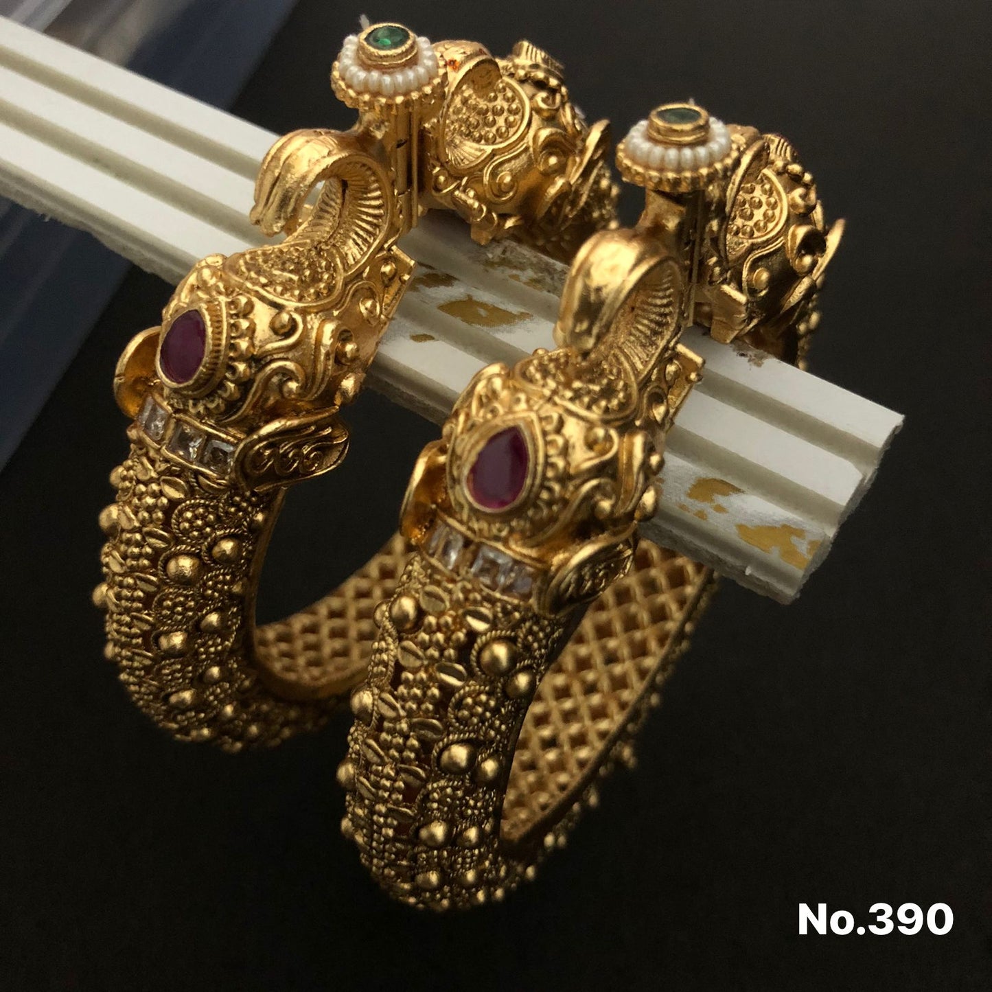 Majestic Temple Style Gold-Plated Bangles with Elephant Motif & Stones